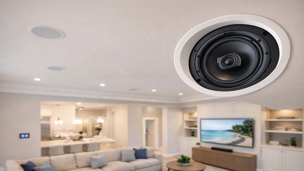 In-ceiling speaker installed in a modern living room